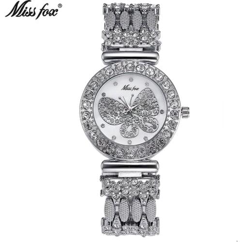 MISSFOX Women Watches Luxury Brand Butterfly Big Diamond 18K Gold Watch Waterproof Special Bracelet Expensive Ladies Wrist Watch