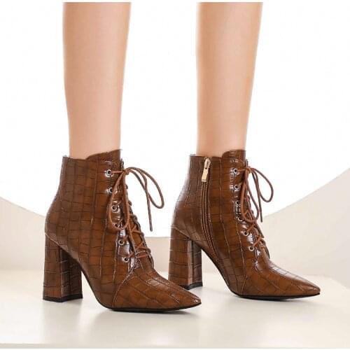 Fashion Women Shoes embossed PU leather Boots Thick heel Vintage Ankle Boots Female Winter bootie Warm Lace-up Shoes Botas 2020
