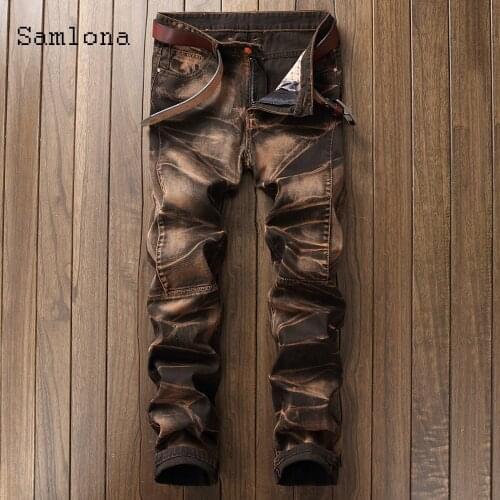 Samlona Men Jeans Denim Pants 2021 Spring Autumn Slimming Bottoms Pant Male Patchwork Denim Jeans Pencil Trousers Mens clothing