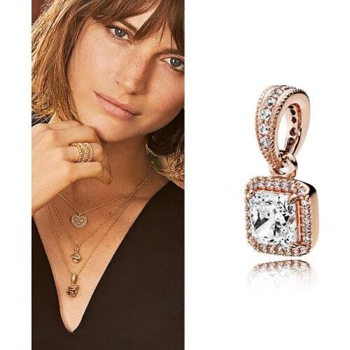 Original 925 Sterling Silver Creative Rose Gold Square With Crystal Pendant Fit Pandora Women Bracelet & Necklace Diy Jewelry