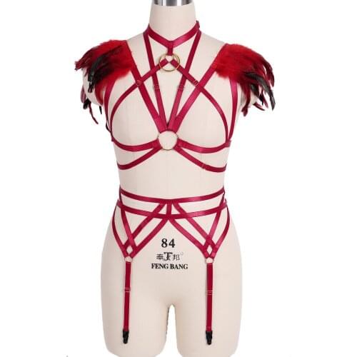 Feather Party Club Wear Erotic Lingerie Sexy Womens Underwear Goth Harness Fashion Body Stocking Belt Garter Suit Sexy Lingerie