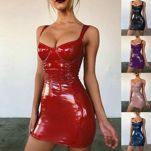 Sexy Backless Party Women Latex Faux Leather Bodycon Mini Dress Sleeveless Strap Sexy Club Dress