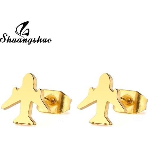 Shuangshuo Minimalist Plane Stud Earrings Jewelry Airplane Stainless Steel Earrings Wedding Engagement Jewelry Aircraft Earring