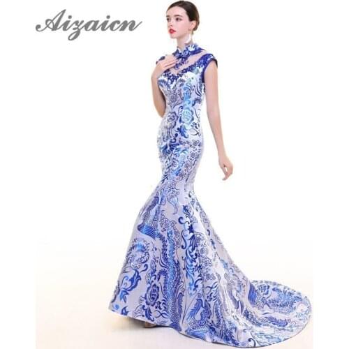 Blue And White Evening Dress Trailing Mermaid Embroidery Cheongsam High Neck Long Formal Party Gowns Women Elegant Fashion Shows
