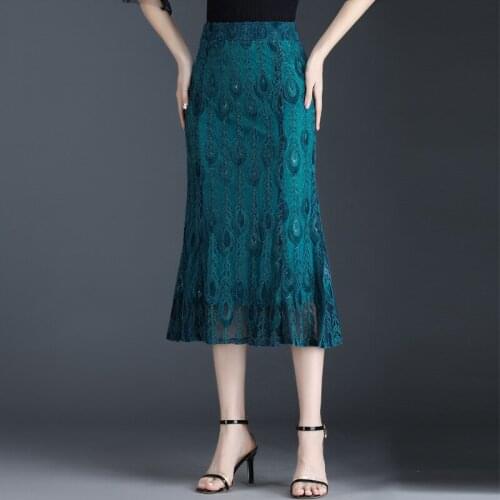 Plus Size 4XL Lace Bodycon Fishtail Skirt for Women 2021 Summer High Waisted Slim Casual Elegant Fashion Mid-long Skirts 1665