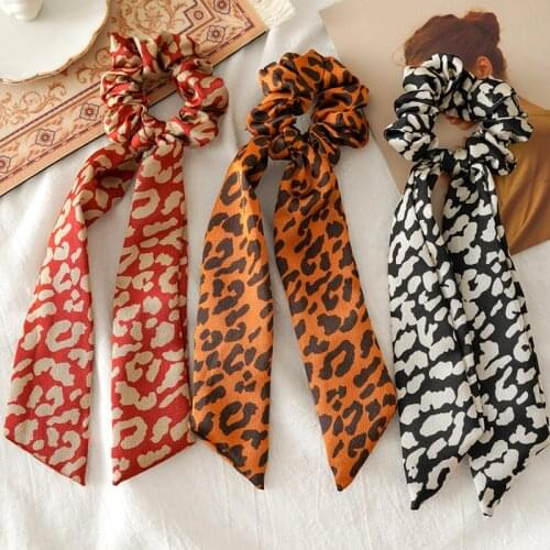 Satin Leopard Print Women Bow Scrunchie Ponytail Holder Hair Rope Tie Elastic Hair Bands Girls Long Streamers Hair Accessories