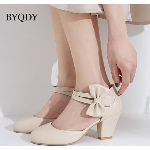 BYQDY Women Pumps Lolita Shoes Thick High Heels Beige Red Pink Mary Jane Shoes Bow Block Heel Hook Loop Ankle Strap Pumps Plus