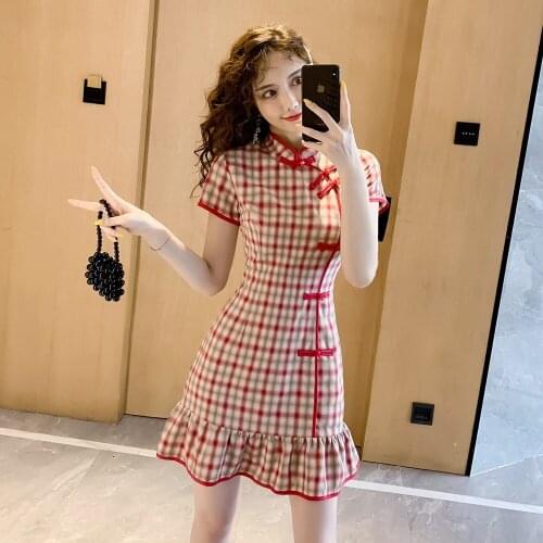 Summer New Womens Art Retro Improved Cheongsam Plaid Slim Fishtail Short Dress