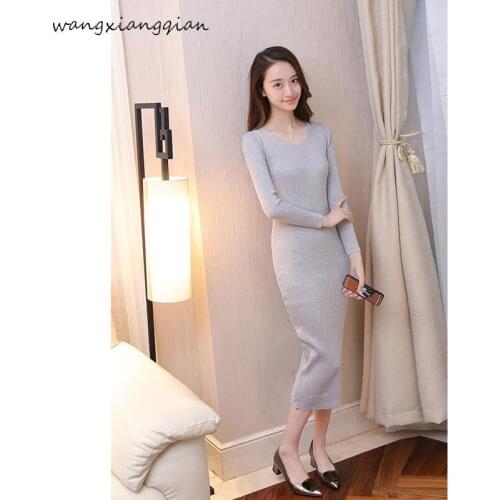 Long section over the knee bottom sweater dress female 2019 autumn winter wear new slim bag hip knit womens dress A473
