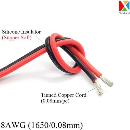 1M 2Pin Extension Wire 8AWG Silicone Super Soft Copper Cable Lighting Cord Electric Lamp LED DIY Connector Line Black Red