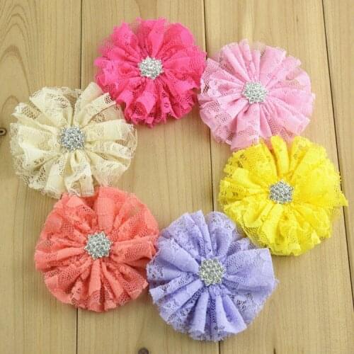 100pcs/lot Newest 2.8" Fabric Lace Flower With Rhinestone Buttons Flat Back Kids Boutique Hair Accessories FH60