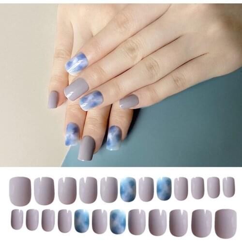 24pcs Ultra-soft Environmental Protection Sky Blue Milk Grey Wearable Full Cover Detachable Finished Finger Fake Nails D