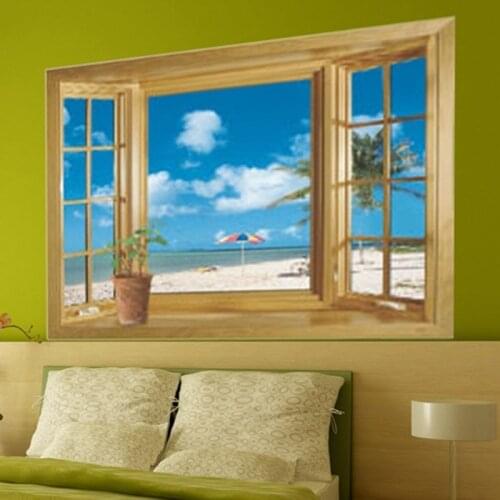 Window 3D Print Beach View Sea Landscape Wall Stickers Art Mural Decal Wallpaper Living Room Decor
