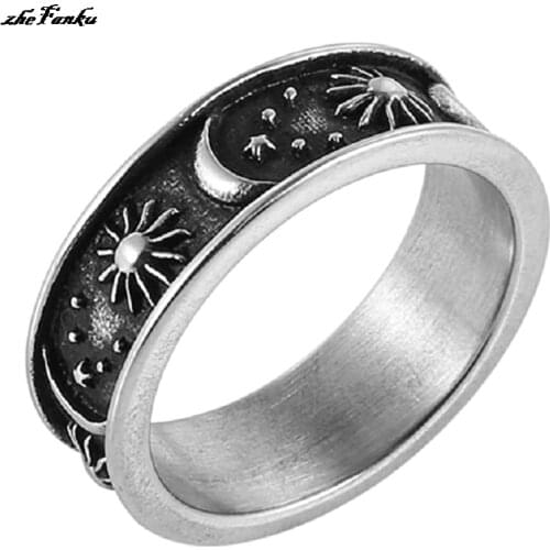 8mm Moon Star Sun Statement Ring Stainless Steel Boho Jewelry For Women Men