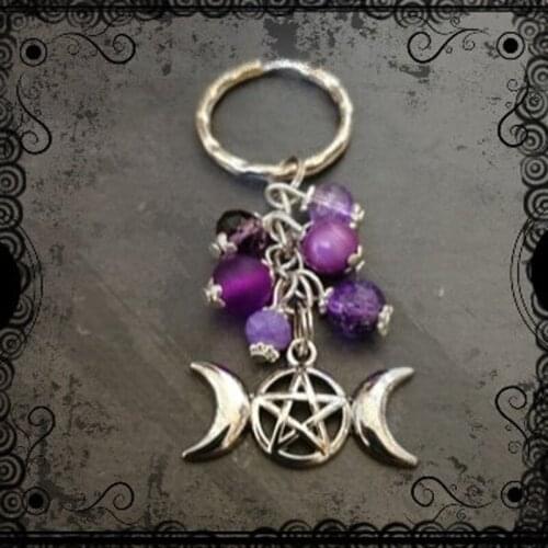 Purple Triple Goddess Pentacle Moon Key Chain Keyring, Pagan, Wiccan Key Chain Ring Holder Gift