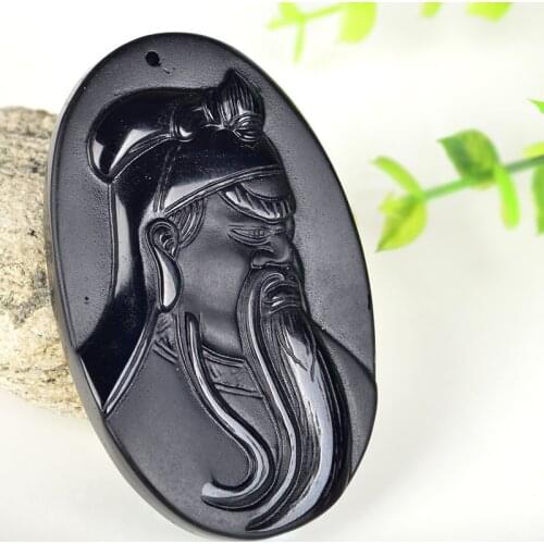 Black Obsidian Natural Pendant Necklace with Carved Guan Gong Obsidian Lucky Amulet for Women Men Jewelry Gifts