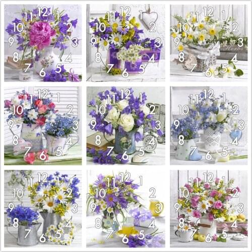 Dpsprue Full Diamond Painting Cross Stitch With Clock Mechanism Mosaic 5D Diy Square Round Flower Vase 3d Embroidery Gift HG124