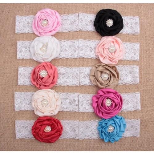 Nishine 5pcs/lot Rose Flower with Pearl Button Center Baby Elastic Lace Headband Newborn Toddler Infant Headwear Cute Gifts
