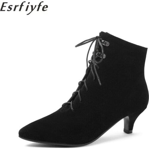 ESRFIYFE 2021 New Autumn Woman Pointed Toe Ankle Boots Lace Up Flock Thin High Heels Booties Ladies Shoes Black Botas Mujer