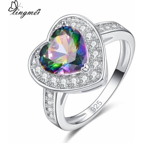 Lingmei Exquisite Heart Multi & Blue White CZ Silver Color Ring Size 6 7 8 9 Romantic Women Jewelry Lovers Gifts Wedding
