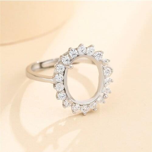 Adjustable Ring Blank for 7x9mm/8x10mm/10x14mm/12x16mm/13x18mm Oval Cabochons Ring Setting White Gold Plated 925 Silver Zircon