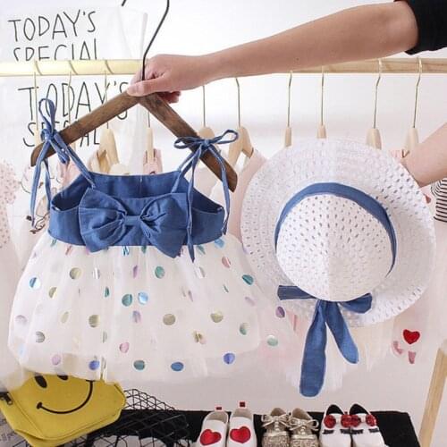 Summer Baby Girls Dresses + Bow Hat Cute Polka Dot Print Mesh Denim Princess Dress Newborn Infant Outfits Childrens Clothing