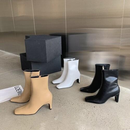 Fashion Women Martin Boots Khaki White Black Short Ankle Boots Thick High Heels Ladies Winter Boots Side Zipper Square Toe Boots
