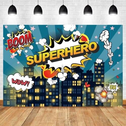 Cartoon Backdrop For Photography Comic City Buildings Superhero Birthday Party Poster Kid Banner Photo Background Photostudio