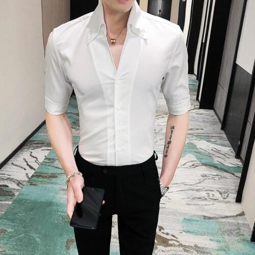 High Quality Sexy V Neck Tuxedo Shirt Men Brand New Half Sleeve Mens Casual Shirts Streetwear Slim Fit Simple Blouse Homme 3XL-M