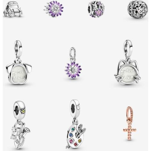 Original 925 Sterling Silver Openwork Purple Daisy My Pet Dog Cat Electric Car Watering Can & Trowel Beaded Cross Dangle Charm