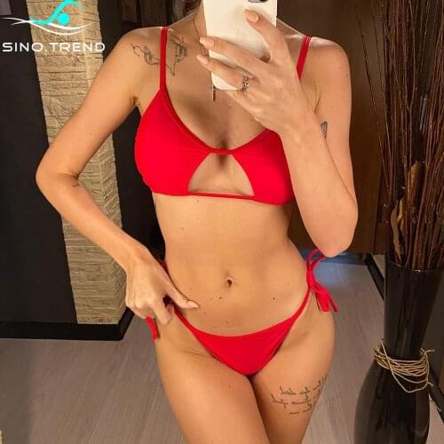 Sexy Red Cut Out 2021 Bikini Set Women Solid Halter Swimwear Female Two-pieces Brazilian Swimsuit Bather Bathing Suit Swim Lady