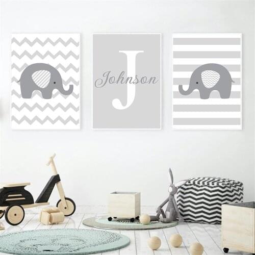 Baby Boy Custom Name Canvas Poster Cartoon Elephant Painting Nursery Wall Art Print Child Nordic Wall Pictures Kids Room Decor