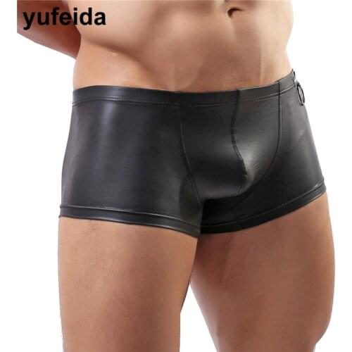 Sexy Mens Boxers Black Faux Leather Boxer Shorts Trunks Underpants Mens Underwear Boxers Exotic Jockstraps Male Panties Pouch