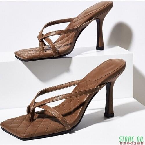 Clip toe design womens slides ladies party dress slippers fashion flip flops stiletto high heel shoes square toe sandals