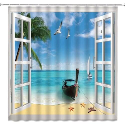 Ocean Scenery Shower Curtains Boat Coconut Trees on the Beach With Sea Waves Outside the Window Bathroom Decor Cloth Curtain Set