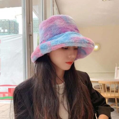 Womens Hat Winter Tie-dye Fur Bucket Cute And Warm Caps Hunting Fishing Hat Basin Chapeau Sun Prevent Gorras