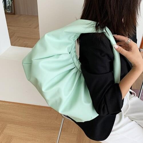 Soft Pu Leather Womens Tote Bags Big Pleated Cloud Bag Half Moon Design Shoulder Bag Unique Handbag Roomy Green Female Hobo Bag