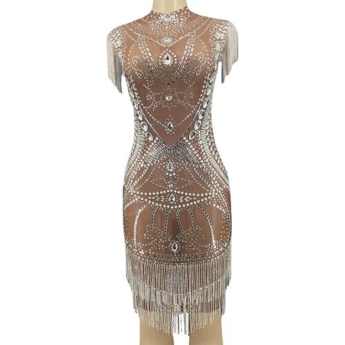 Women Birthday Celebrate Rhinestones Fringes Short Dresses Silver Crystals Singer Stage Wear Evening Gown Party Birthday Dress