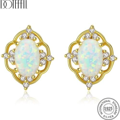 DOTEFFIL 925 Silver Classic Hollow Pattern Opal Stud Earrings for Women Elegant Female Wedding Earrings Jewellery Carving 925