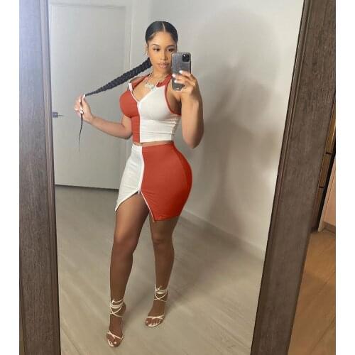Summer Knit Rib Skirts Two Piece Set Women Sexy Patchwork Zipper Sleeveless Crop Top + Mini Skirts Bodycon Two Piece Set Outfits