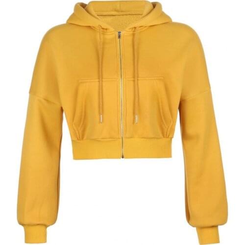 Women Long Sleeve Solid Color Pocket Crop Top Plush Warm Zipper Coat Hoodie