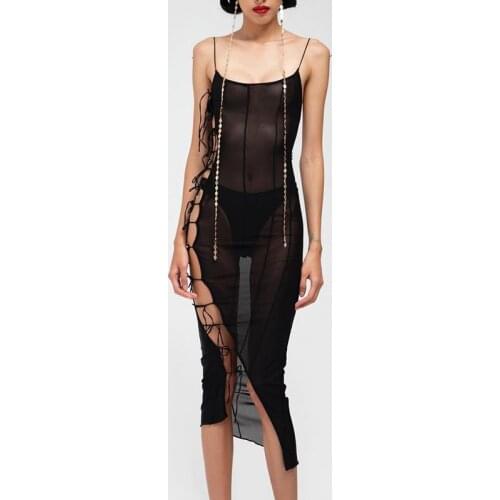 2021 Summer Black Sexy Mesh See Through Sling Dress Women Sleeveless Slim Side Lace Up Streetwear Party Lady Long Dresses New