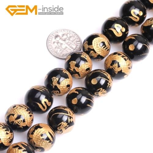 10mm-14mm Round Carved Dragon White Tiger Phenix Black Tortoise Black Agates Onyx Gem Stones Beads For Jewelry Making DIY 15"