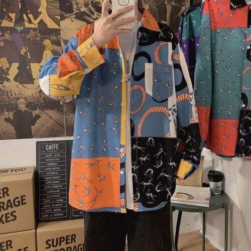 2021 Mens Korean Style Fashion Loose Shirt Casual Long Sleeve Top Coats Printing Lapel Collar Nice Shirts Plus Size M-3XL