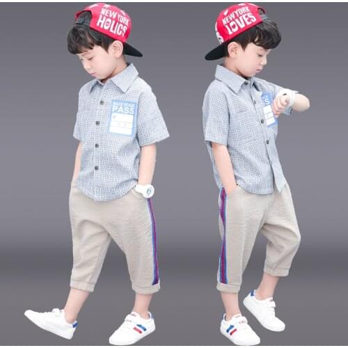 2021 New Boys Summer Sets 2-15 Years Old Childrens Clothing Plaid Short Sleeve Turn-down Collar Kids Casual Clothes Two Pieces
