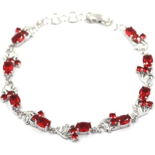 13x13mm SheCrown Created Pink Raspberry Rhodolite Garnet CZ Silver Bracelet 8-9.0inch