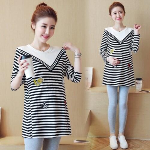 8601# Maternity Clothes Spring Autumn Stripe O Neck Long Sleeves Easy Matching Loose Stylish Tops Pregnant Women