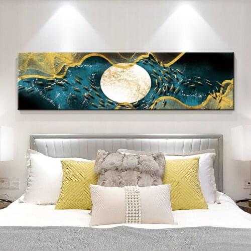 Abstract Moon Wall Art Canvas Painting Golden Mountain Birds Nordic Posters and Prints Wall Pictures for Living Room Home Decor