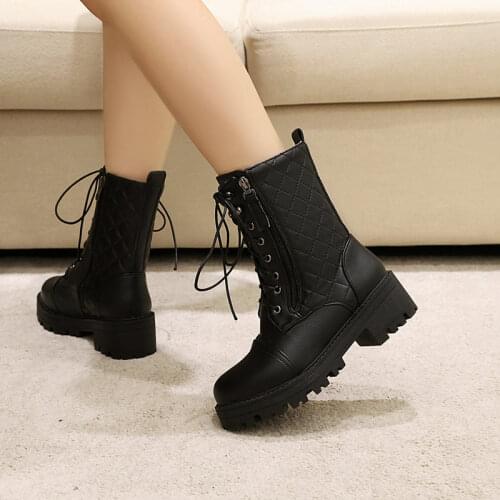 Platform Ankle Boots Women Black PU Leather Fashion Zip Short Boots Casual Med Heels Winter White Short Shoes Woman Large Size