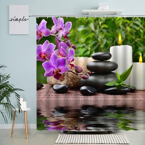 Zen Scenery Shower Curtain Spa Water Green Bamboo Plants Orchid Stone Bathroom Accessories Home Decor With Hooks Set Washable